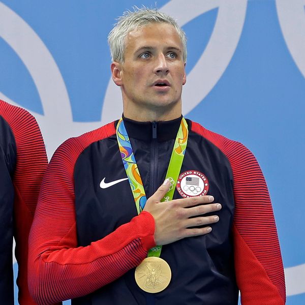 Ryan Lochte after being awarded a gold medal for the men's 4x200-meter freestyle relay final during the 2016 Summer Olympics. Pic: AP