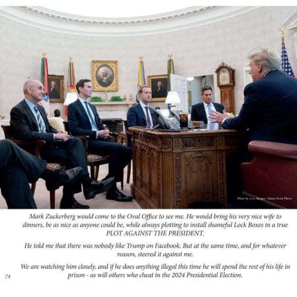 A page from Donald Trump's book, Save America, shows an Oval Office meeting with Meta CEO Mark Zuckerberg. Pic: Winning Team Publishing/NBC News