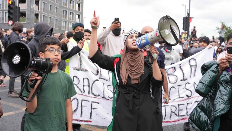 Demonstrators at an anti-racism protest in Walthamstow, London. Picture date: Wednesday August 7, 2024.