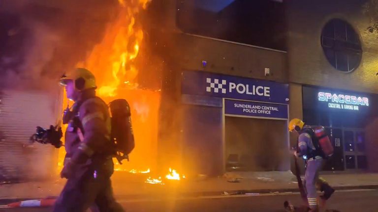 Sunderland police station on fire amid riots