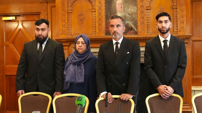 (L-R) Muhammad Amaad, Shameem Akhtar, solicitor Aamer Anwar and Fahir Amaaz. Pic: PA