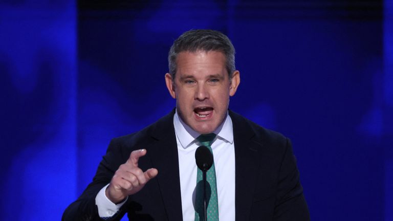 Former U.S. Representative Adam Kinzinger (R-IL) speaks on day 4 of the Democratic National Convention (DNC) at the United Center in Chicago, Illinois, U.S., August 22, 2024. REUTERS/Mike Segar