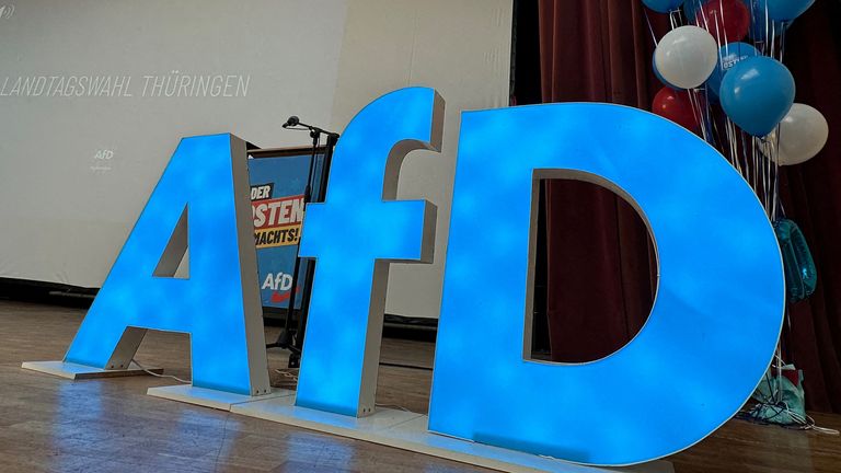 The AfD logo on stage before an election campaign rally in Thuringia, one of three states heading to the polls next month. Pic: Reuters