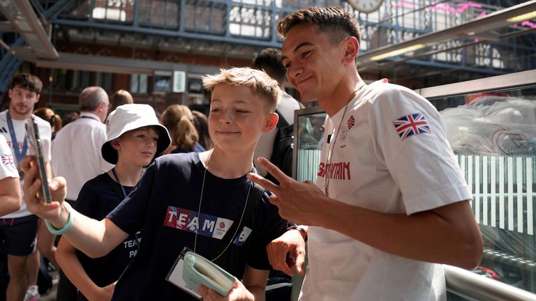 Alex Yee arrives by Eurostar at London St. Pancras International train station after competing at the 2024 Paris Olympic Games in France. Photo date: Monday, August 12, 2024. PA 