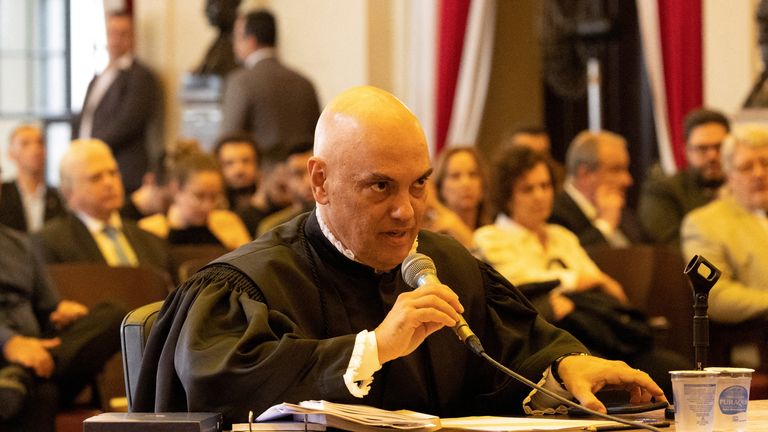 FILE PHOTO: Brazil's Supreme Court Judge Alexandre de Moraes attends an academic event at the Law School of the University of Sao Paulo, in Sao Paulo, Brazil, April 11, 2024. REUTERS/Jorge Silva/File Photo