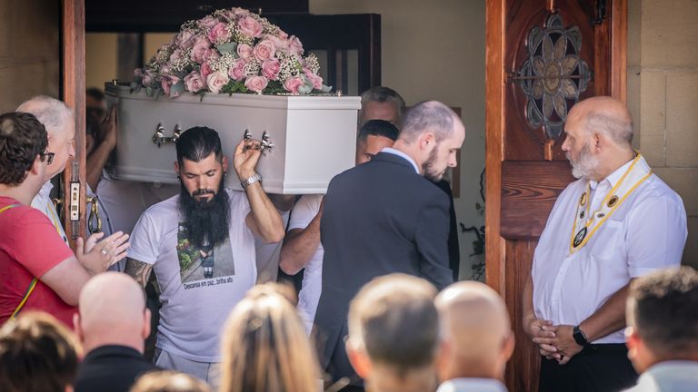 The coffin of Alice da Silva Aguiar is taken from St Patrick's Church, Southport after her funeral. Pic: PA