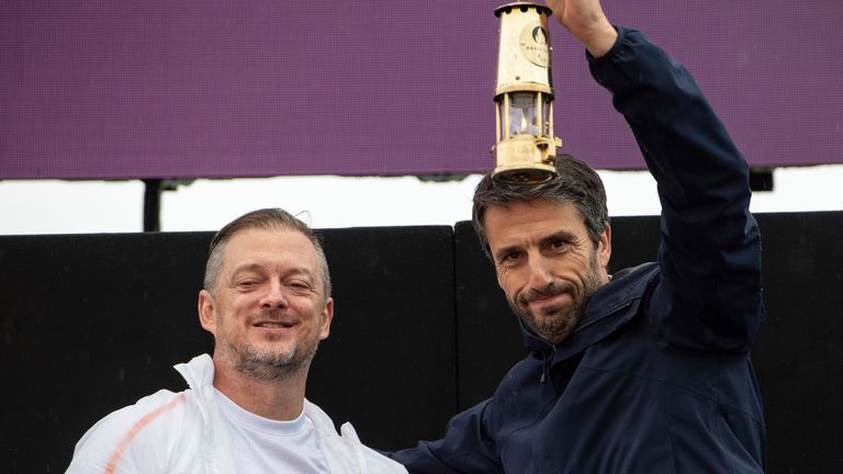 Andrew Parsons, left, with Paris 2024 President Tony Estanguet during the Paralympic Flame lighting ceremony in Stoke Mandeville on Saturday. Pic: AP