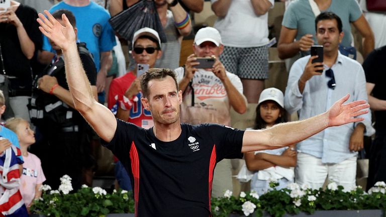 Andy Murray reacts after the last match of his tennis career. Pic: Reuters