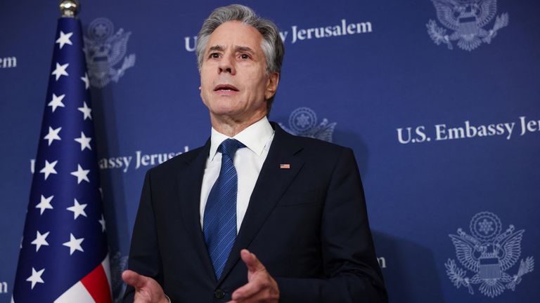 U.S. Secretary of State Antony Blinken speaks to members of the press, at David Kempinski Hotel, in Tel Aviv, Israel, August 19, 2024. REUTERS/Kevin Mohatt/Pool