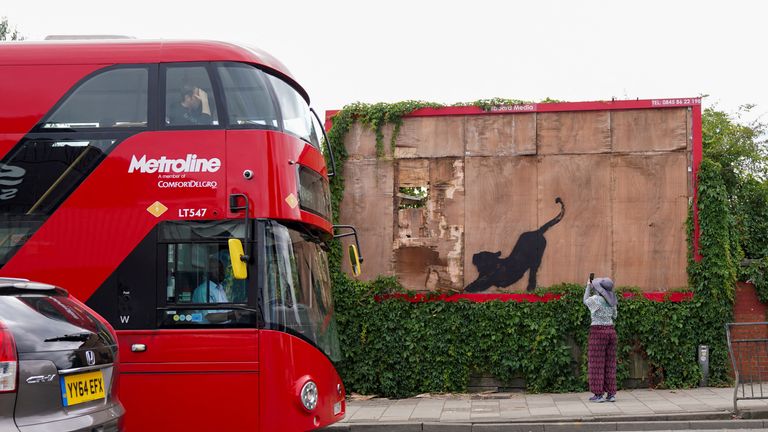 A person takes pictures of the new artwork of a cat, by the British artist Banksy, on Edgware Road, in London, Britain, August 10, 2024. REUTERS/Maja Smiejkowska
