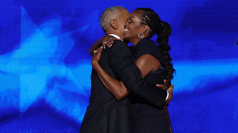 Barack Obama hugged Michelle Obama after she introduced him. Image: Reuters