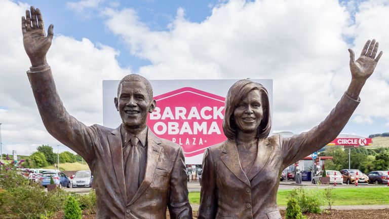 Mandatory Credit: Photo by Adrian Langtry/Shutterstock (13092846g).Bronze sculpture of Barack and Michelle Obama by Mark Rhodes. It was unveiled on 20th August 2018 by Cody Keenan, a former Obama speechwriter. The Barack Obama Plaza is a motorway service station located on the M7 Dublin to Limerick motorway. It opened on 30th May 2014. It is named after former US president Barack Obama, whose third great grandfather, Falmouth Kearney, lived in Moneygall and emigrated to the USA in 1850..Barack Obama Plaza, Moneygall, County Offaly, Ireland - 31 Jul 2022