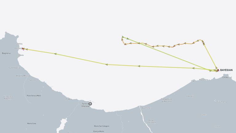 The path of the last 24 hours of the Bayesian. Pic: MarineTraffic