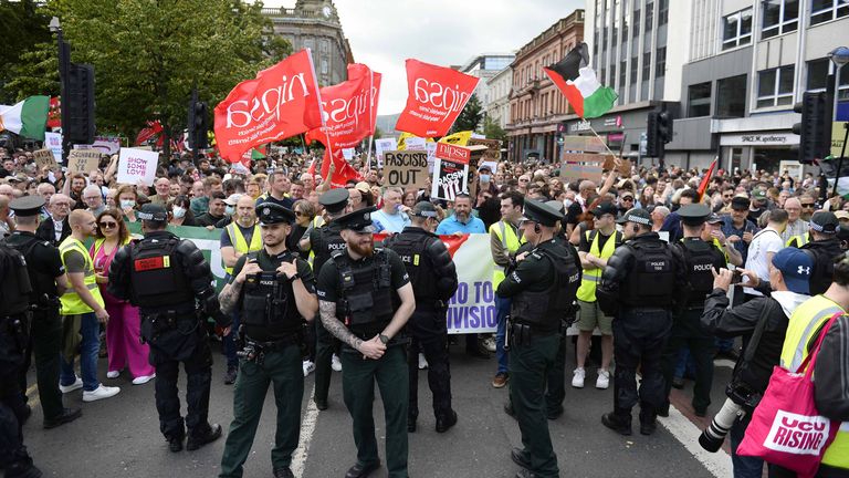 An anti-racism counter-protest in Belfast city centre. Pic: PA