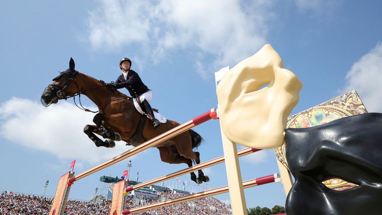 Ben Maher rides during the qualifying event. Pic: AP