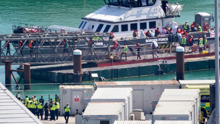 A group of people thought to be migrants are brought in to Dover, Kent, from a Border Force vessel following a small boat incident in the Channel.
Pic: PA