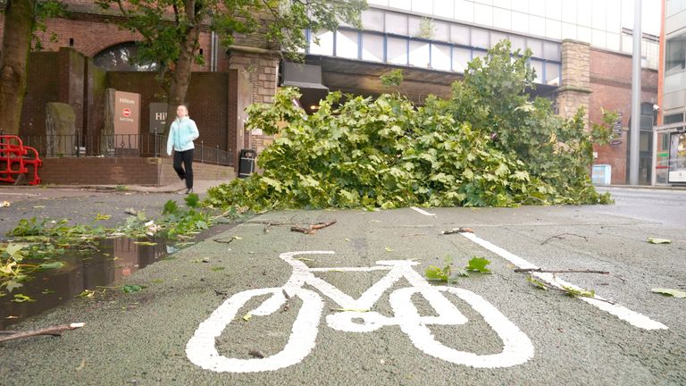 A tree branch blocks a cycle path in Leeds city centre as storm Lilian hits the UK. Picture date: Friday August 23, 2024. PA Photo. See PA story WEATHER Lilian. Photo credit should read: Danny Lawson/PA Wire