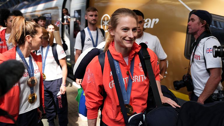 Bryony Page arrives by Eurostar into London St. Pancras International train station after competing at the 2024 Paris Olympic Games in France. Picture date: Monday August 12, 2024. Jordan Pettitt/PA Wire