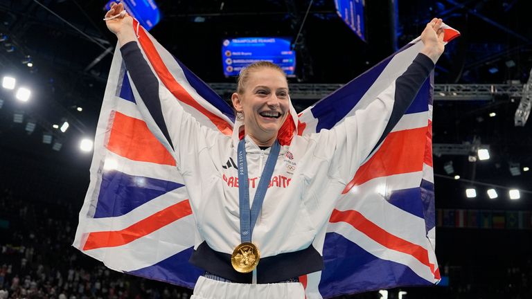 Bryony Page of Britain celebrates after winning the gold medal during the women's trampoline finals in Bercy Arena at the 2024 Summer Olympics, Friday, Aug. 2, 2024, in Paris, France. Pic: AP