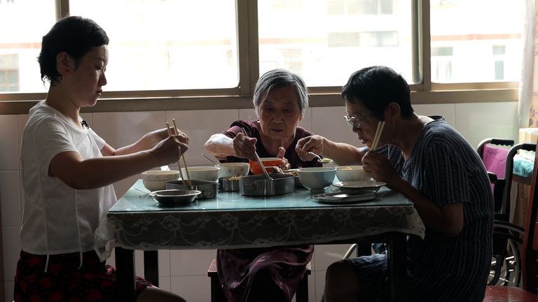 Three generations of the family - (L-R) Sara Huang, Grandmother Jin Lianrong, and mother Jiang Jinzhu