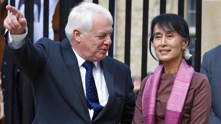 Lord Chris Patten welcomes former Myanmar leader Aung San Suu Kyi to the university in 2012. Pic: AP