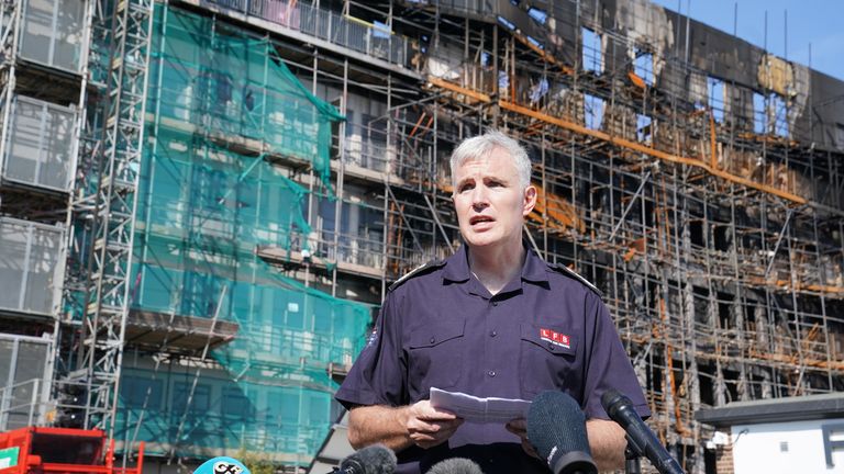 London Fire Brigade Fire Commissioner Andy Roe, at the scene in Dagenham.
Pic: PA