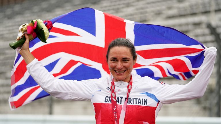 Dame Sarah Storey after winning gold in the women's C5 time trial cycling in Tokyo. Pic: PA