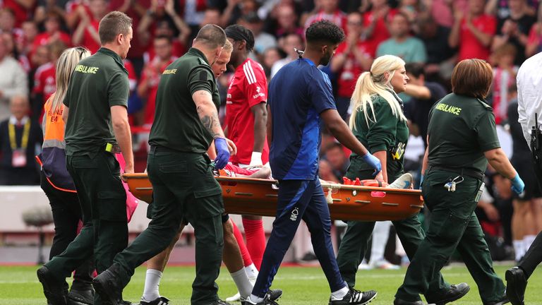 Medics stretcher Danilo off the pitch at The City Ground. Pic: Reuters