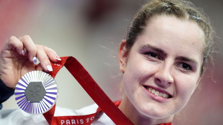 Great Britain’s Daphne Schrager after winning sliver the Women’s C1-3 3000m Individual Pursuit at the National Velodrome on day one of the Paris 2024 Summer Paralympic Games. Picture date: Thursday August 29, 2024.