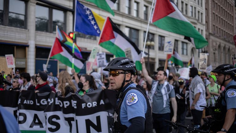 Protesters wave Palestinian flags ahead of the Democratic National Convention. Pic: Reuters