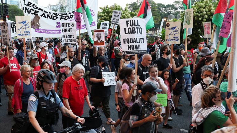 Demonstrators ahead of the Democratic National Convention. Pic: Reuters