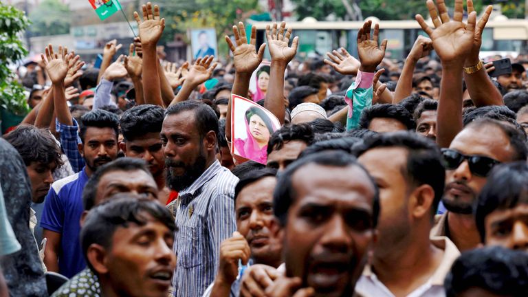 Supporters of Bangladesh Nationalist Party (BNP) chant slogans as they join in a rally.
Pic: Reuters