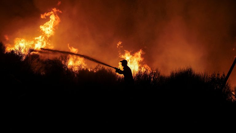 A firefighter tries to extinguish a wildfire burning in Dionysos.
Pic: Reuters