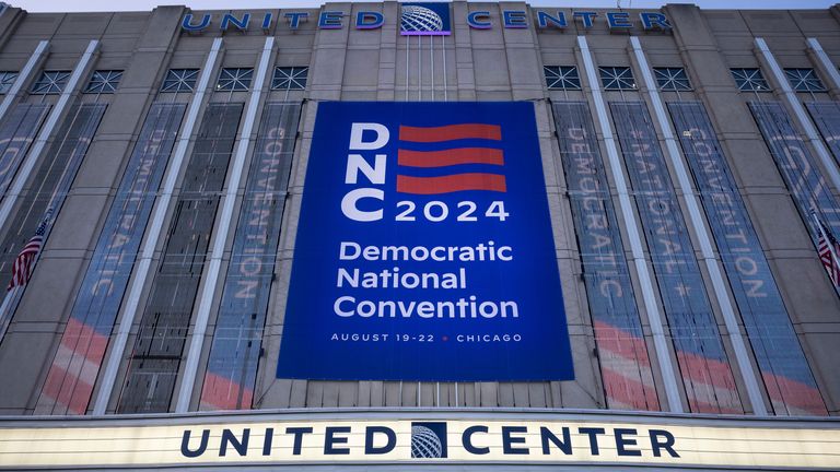 The United Center during final preparations for the Democratic National Convention in Chicago. Pic: AP