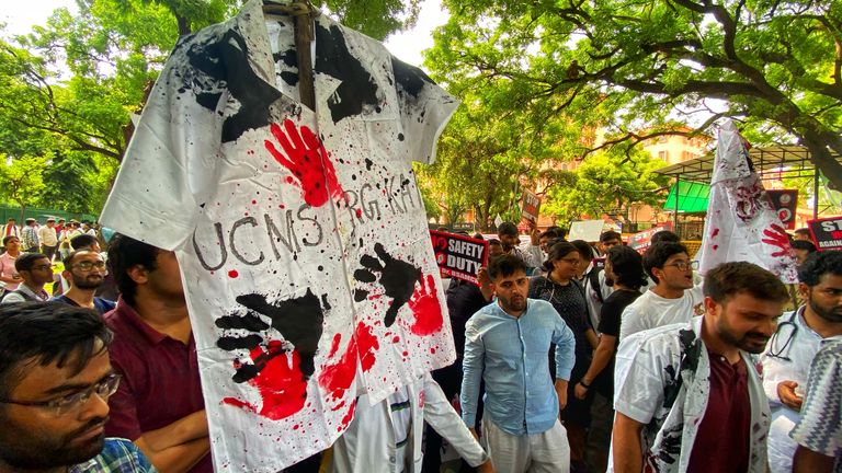 Doctors take part in a protest in Delhi