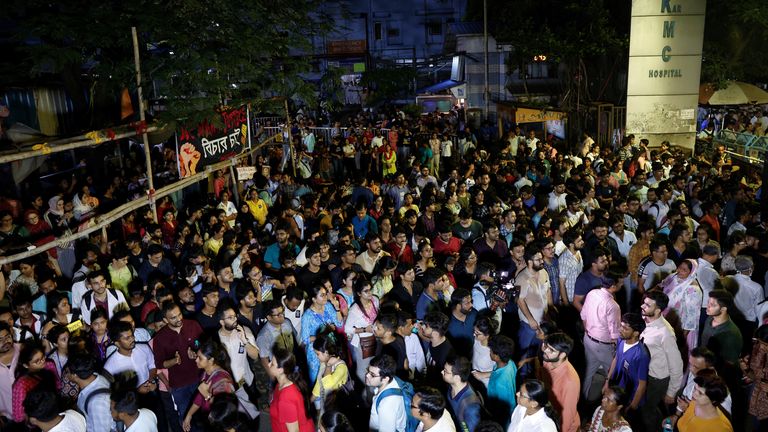 Doctors, paramedics and medical students from various medical institutions and colleges gather as they attend a protest against what they say is rape and murder of a trainee doctor, inside the premises of R G Kar Medical College and Hospital in Kolkata, India, August 12, 2024. REUTERS/Sahiba Chawdhary
