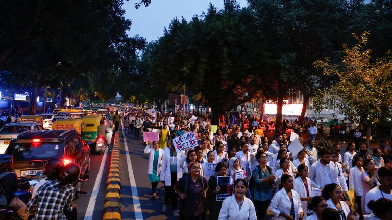 Doctors take part in a protest march in New Delhi. Image: Reuters