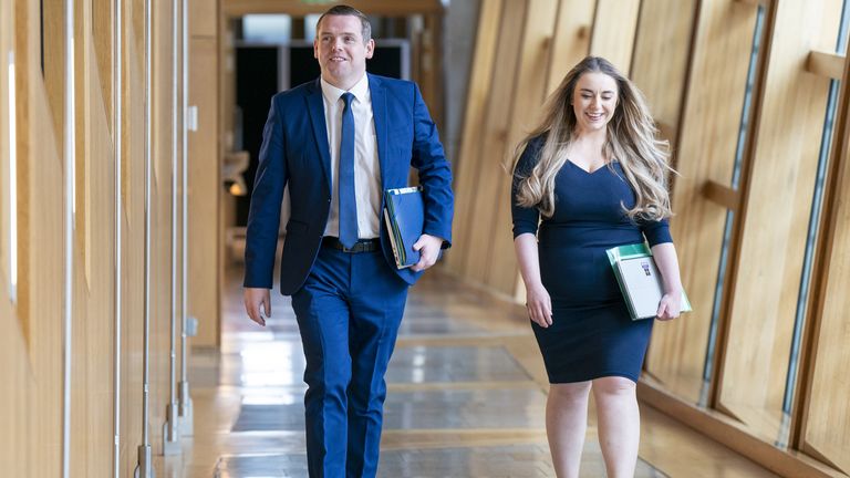 Scottish Conservative leader Douglas Ross and deputy leader Meghan Gallacher arrive for the debate on a motion of no confidence in the Scottish Government, at the Scottish Parliament in Holyrood, Edinburgh. Picture date: Wednesday May 1, 2024.