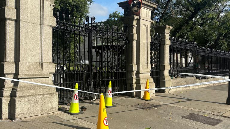 The scene after a vehicle drove into gates at Government Buildings in Dublin. Pic: PA