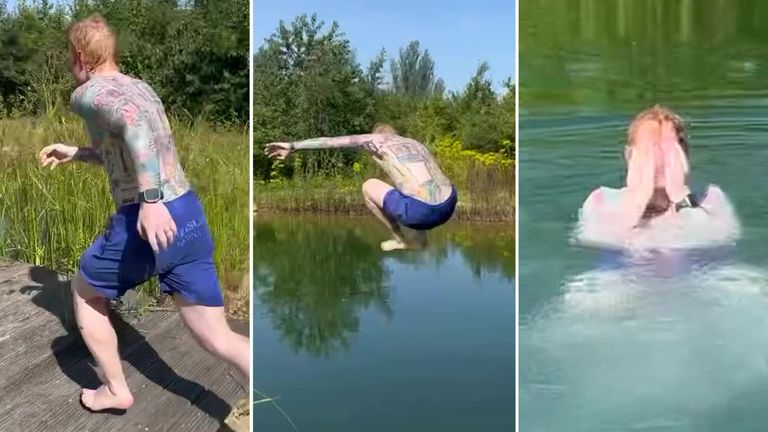 Wildlife pond or swimming pool? Ed Sheeran takes a dip. Pic: Instagram/@teddysphotos