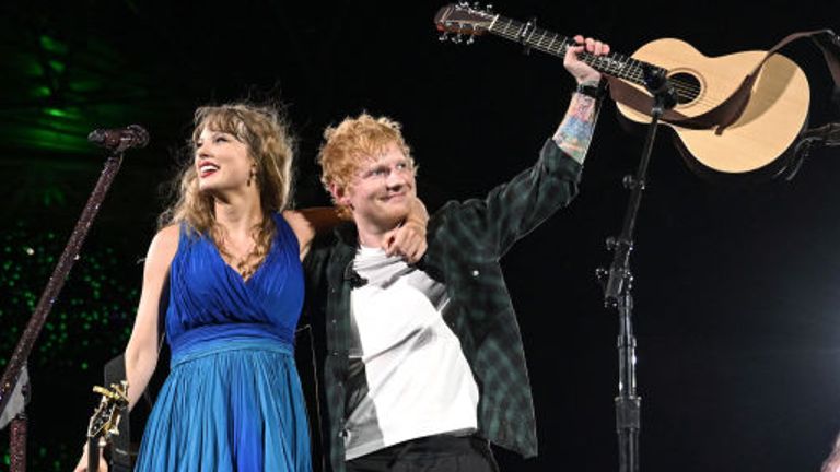 Taylor Swift and Ed Sheeran perform onstage during "Taylor Swift | The Eras Tour" at Wembley Stadium on August 15, 2024 in London, England. (Photo by Gareth Cattermole/TAS24/Getty Images for TAS Rights Management )