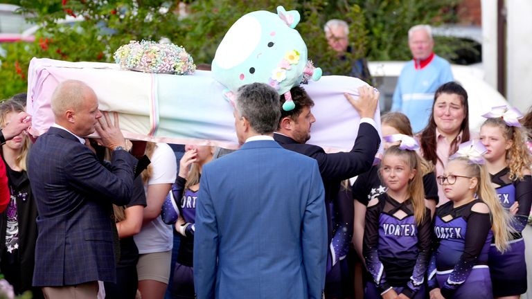 The coffin of Elsie Dot Stancombe arrives for her funeral at St John's Church in Birkdale. 
Pic: PA