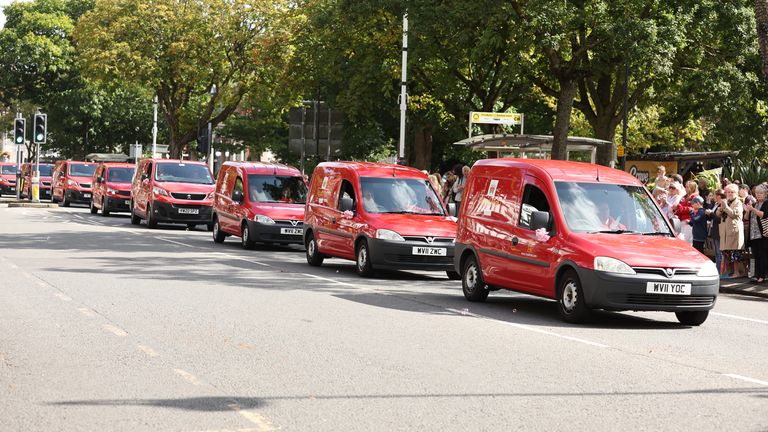 Post Office vans following the hearse carrying the coffin of Southport stabbing victim Elsie Dot Stancombe as it passes through Southport following her funeral at St John's Church in Birkdale, as a tribute from Royal Mail as Elsie's dad David is a postman. The seven-year-old died in a knife attack at a dance class in Southport on July 29. Picture date: Friday August 23, 2024.
