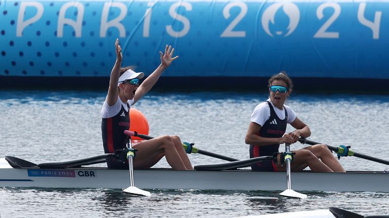 Paris 2024 Olympics - Rowing - Lightweight Women's Double Sculls Final A - Vaires-sur-Marne Nautical Stadium - Flatwater, Vaires-sur-Marne, France - August 02, 2024. Emily Craig of Britain and Imogen Grant of Britain react after winning gold. REUTERS/Molly Darlington