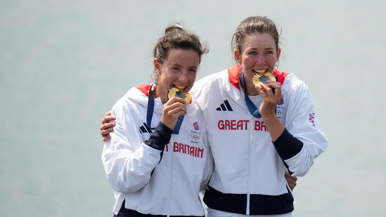 Britain's Emily Craig and Imogen Grant poses with with the gold medal in the women's lightweight double sculls rowing final during a medals ceremony at the 2024 Summer Olympics, Friday, Aug. 2, 2024, in Vaires-sur-Marne, France Pic: AP 