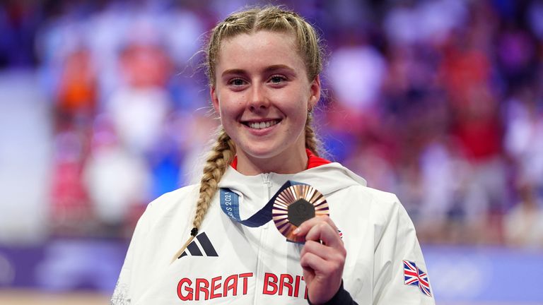 Emma Finucane receives her bronze medal during the ceremony for the Women's Keirin at the National Velodrome. Pic: PA