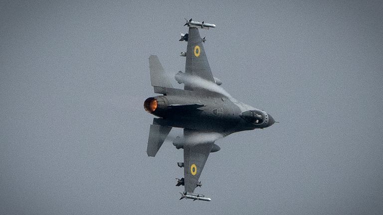 The Ukrainian Air Force's F-16 fighter jet flies in an undisclosed location in Ukraine, Sunday, Aug. 4, 2024. The F-16 fighter jets that have been delivered to Ukraine by Western countries will be flying sorties in Ukrainian skies and helping the country's current fleet of Soviet-era jets to counter Russia's invasion. (AP Photo/Efrem Lukatsky)