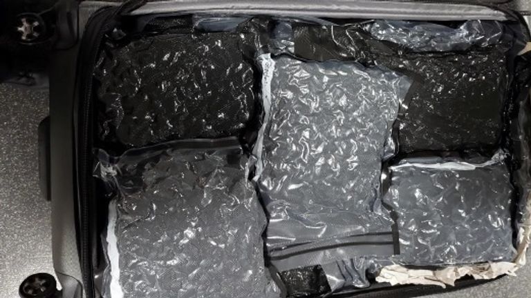 Suitcases seized at Manchester Airport containing vacuum-packed cannabis found in possession of 51-year-old Spanish national Fernando Mayans Fuster after flying in from LA. Picture: NCA/PA