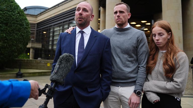 The family of Finlay Johns, including brother Grant Johns (centre), speak to the media outside the High Court in Glasgow, ahead of the sentencing of 19-year-old Jake Loy, who killed three friends in a car crash. The accident happened on March 16, 2022 on the A711 in Cargenbridge, Dumfries and Galloway. Passengers Tyler Johnston, Ian Cannon and Finlay Johns, all aged 16, died at the scene. Date taken: Monday, August 19, 2024.