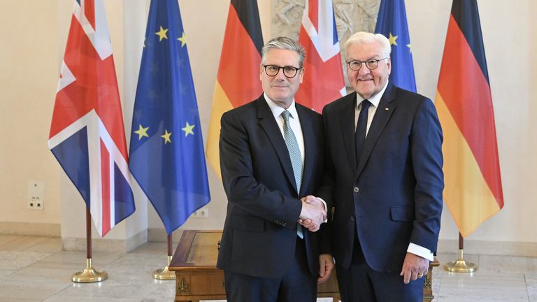 German President Frank-Walter Steinmeier and Prime Minister Keir Starmer (left) shake hands at Bellevue Palace in Berlin, during his visit to Germany and France. Picture date: Wednesday August 28, 2024.